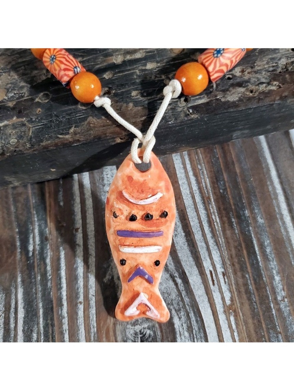 Artisan Tribal Fish Unglazed Clay Orange White Multicolor OOAK Pendant Necklace